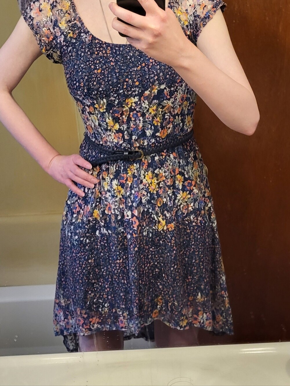 Love Reign Navy Multicolor Floral Lace Scoop Neck High Low Dress